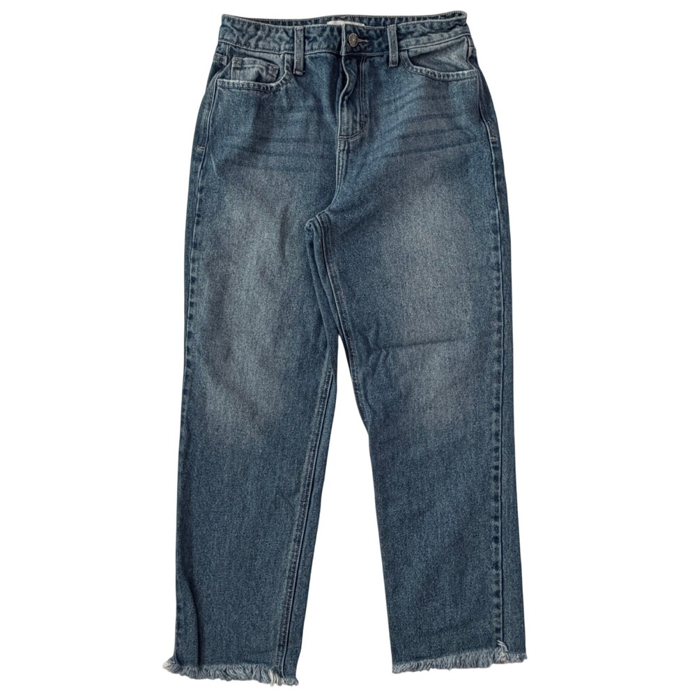 Cello Womens High Rise Straight Leg Jeans Medium Wash Raw Hem Size 3 Denim Pants